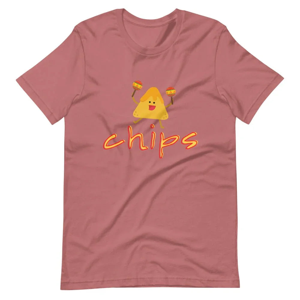 Mauve couples graphic tee with yellow chips character and orange 'chips' lettering