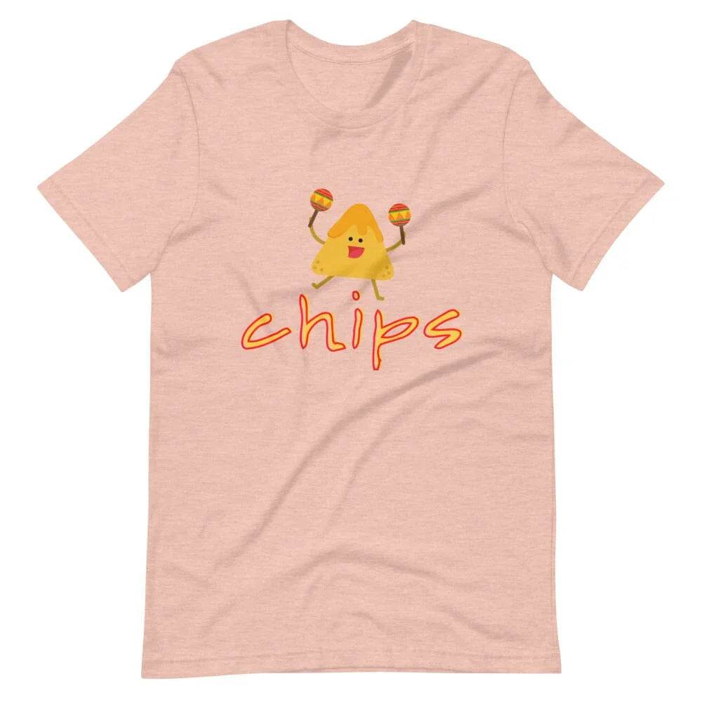 Mauve short-sleeve crewneck T-shirt with 'chips' character and lollipop graphic