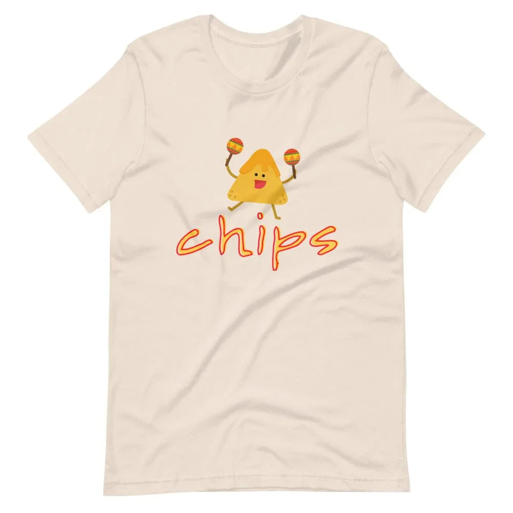 Soft cream short-sleeve crewneck T-shirt with 'chips' character and lollipop graphic