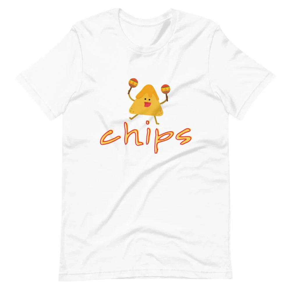 White short-sleeve crewneck T-shirt with 'chips' character and lollipop graphic