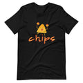 Black couples graphic tee with yellow chips character and orange 'chips' lettering