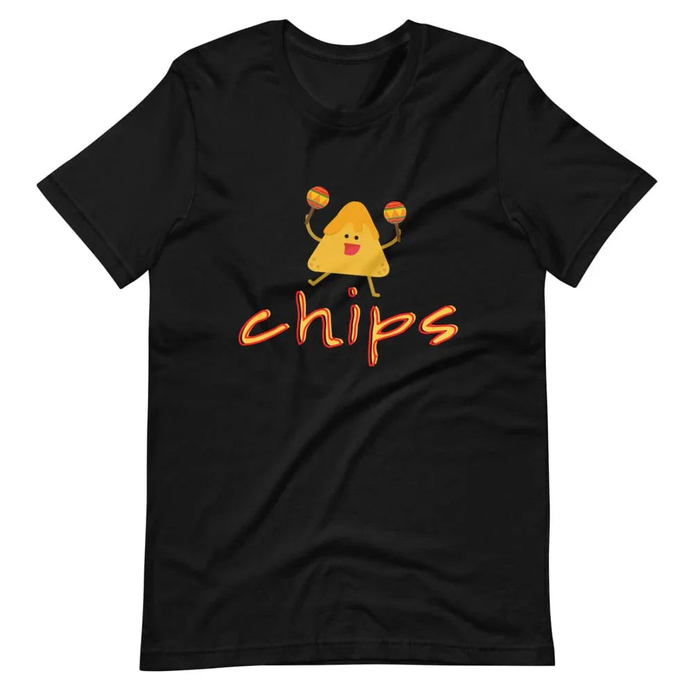 Black couples graphic tee with yellow chips character and orange 'chips' lettering