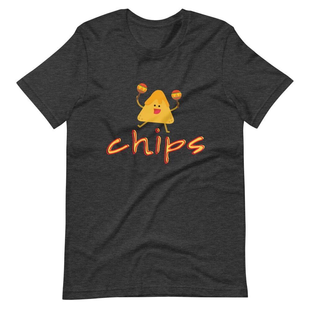 Dark grey heather couples graphic tee with yellow chips character and orange 'chips' text