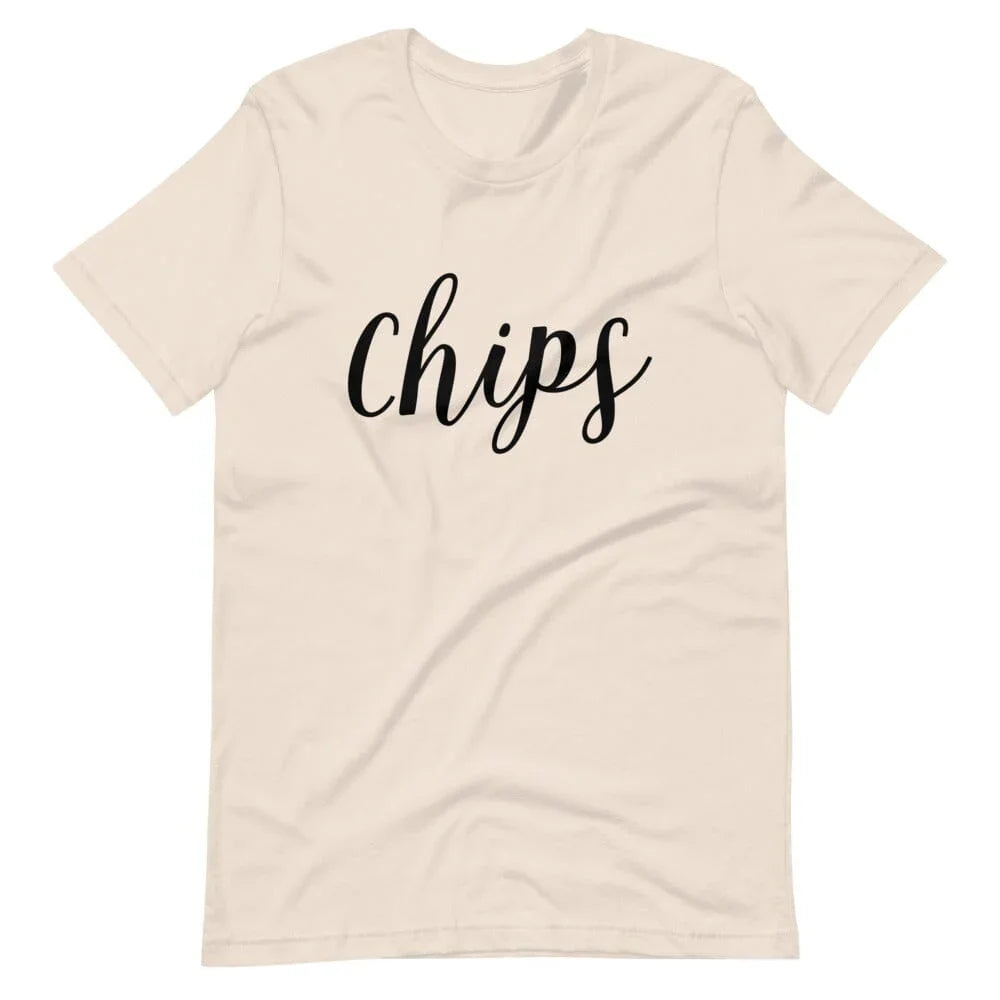 Soft cream unisex t-shirt with black script “chips” front print