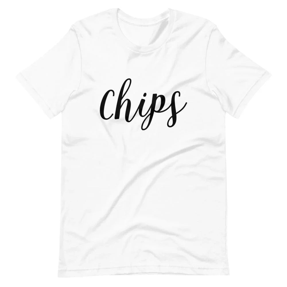 White unisex t-shirt with black script “chips” front print