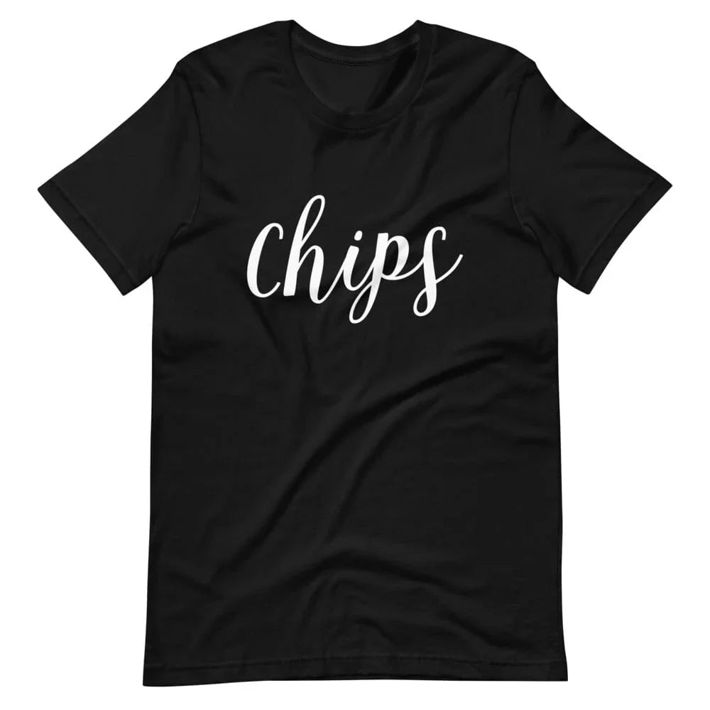 Black t-shirt with 'chips' script print