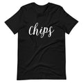 Black t-shirt with 'chips' script print