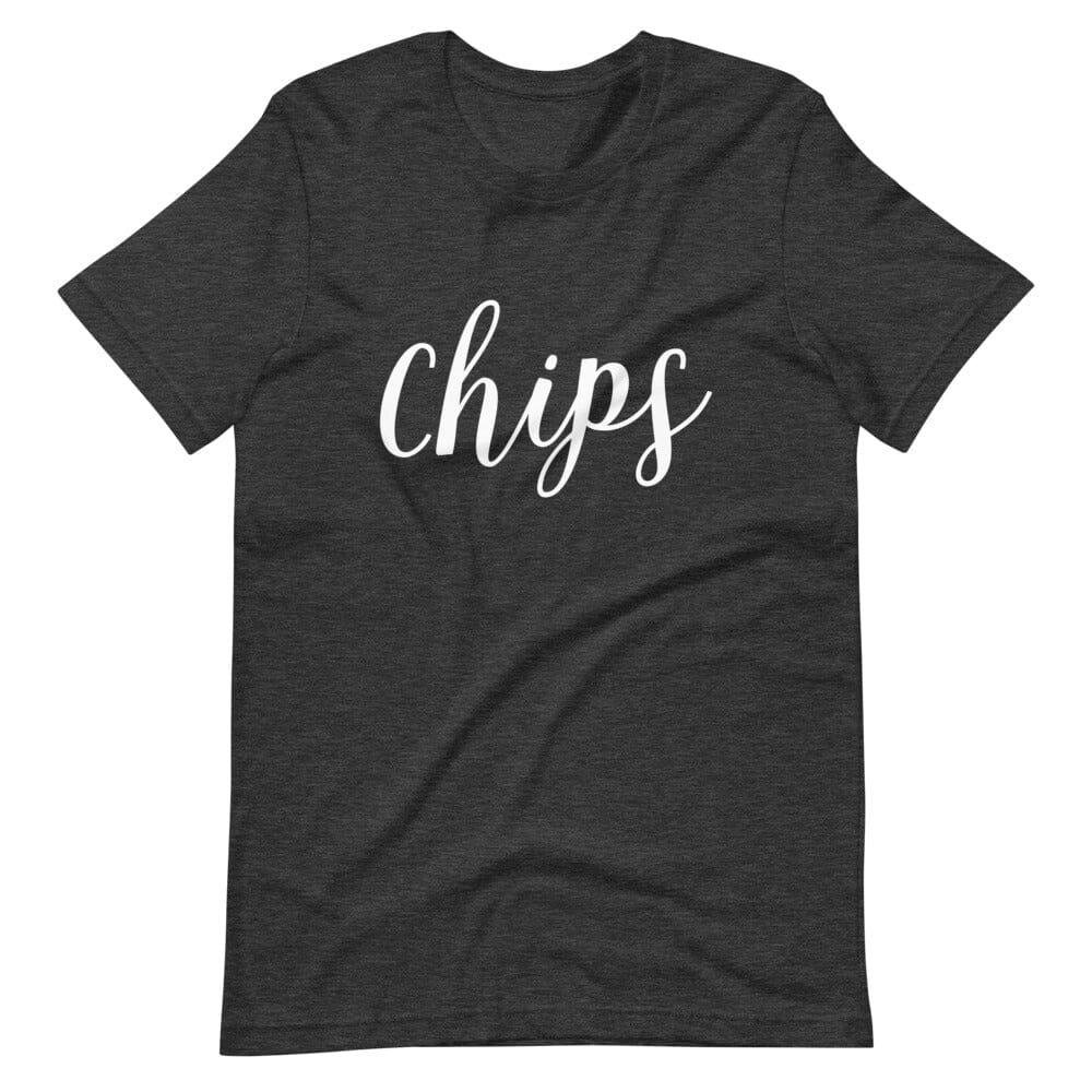 Dark charcoal unisex t-shirt with white script “chips” front print