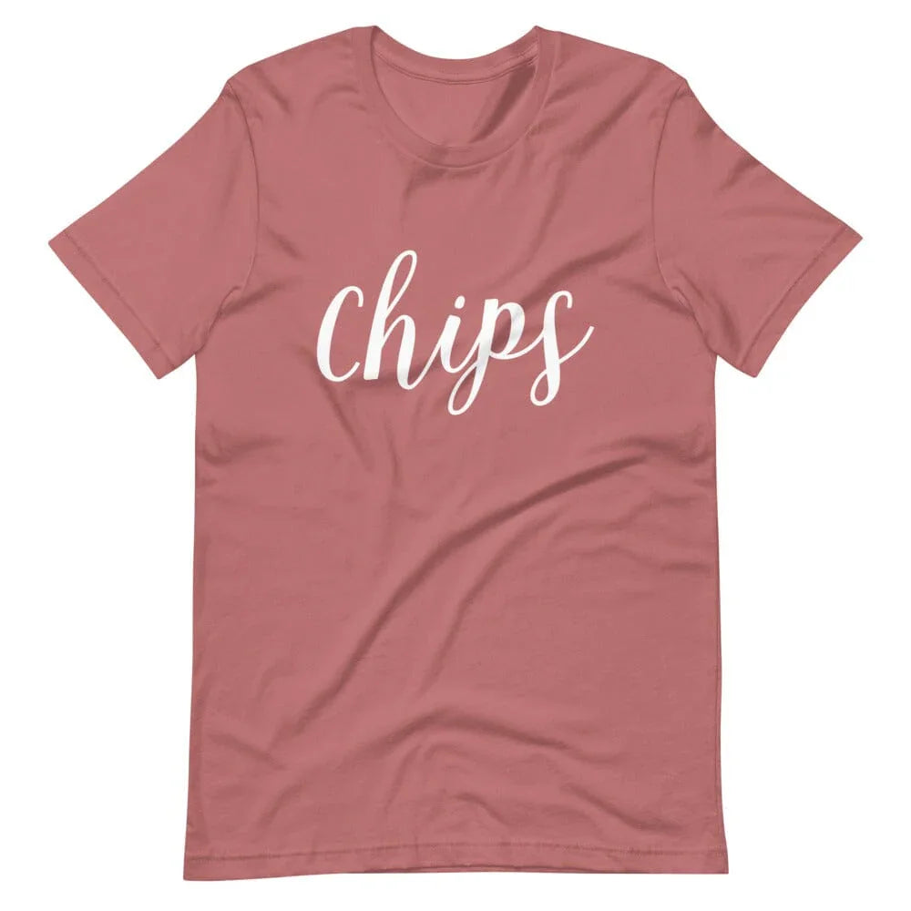 Mauve unisex t-shirt with white script “chips” front print