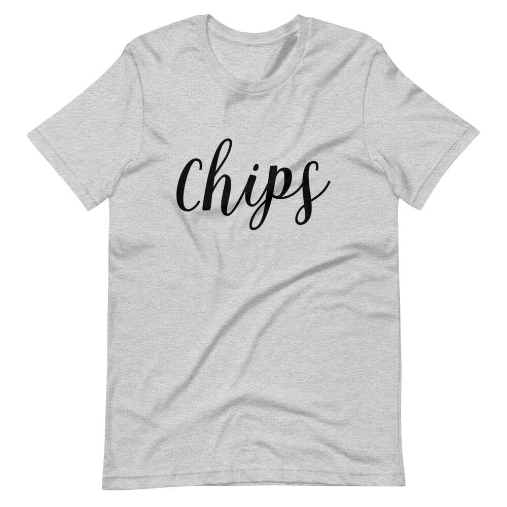 Light gray unisex t-shirt with white script “chips” front print