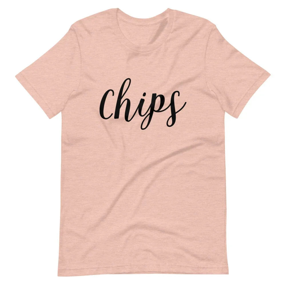 Peach unisex t-shirt with black script “chips” front print
