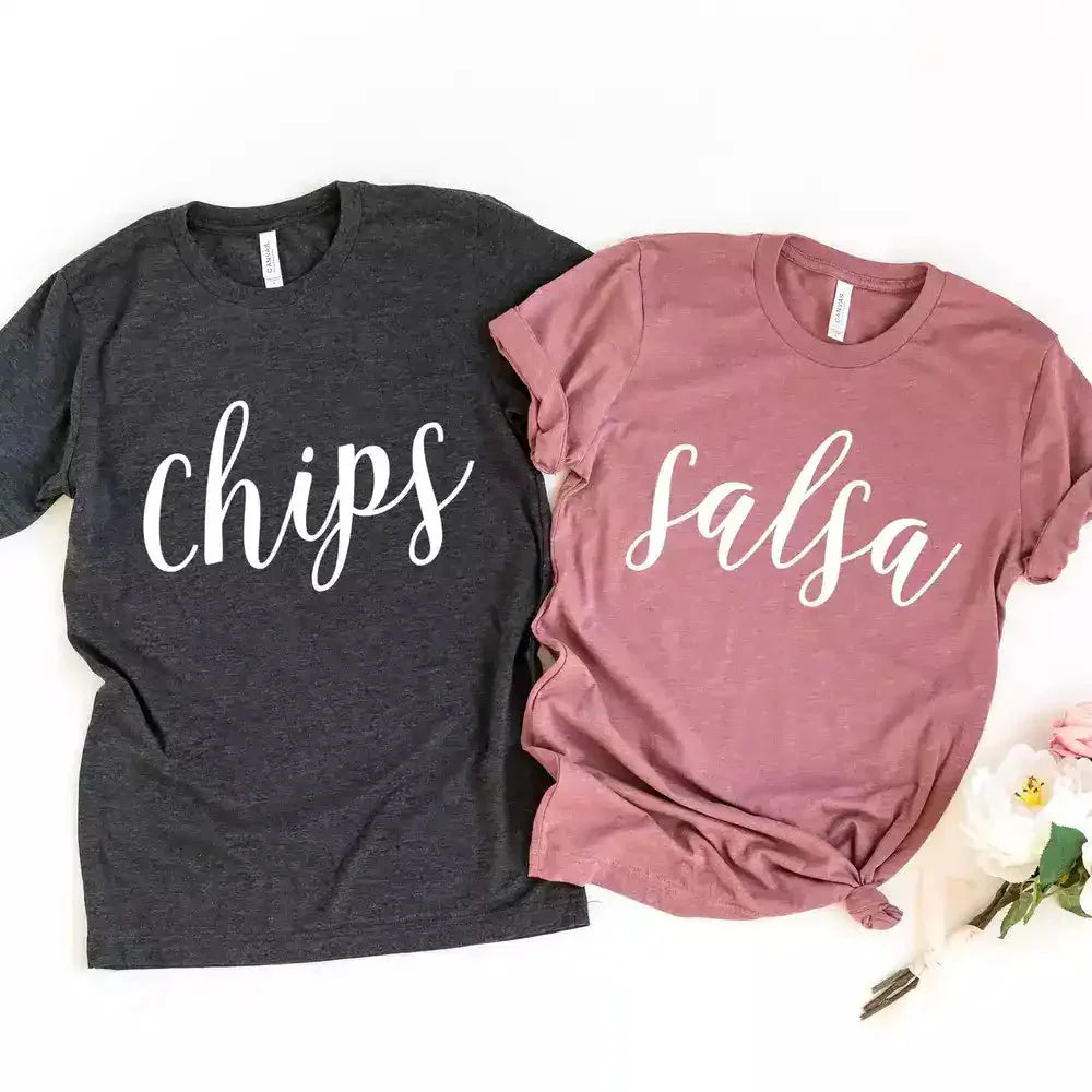 Pair of t-shirts: 'chips' on dark grey and 'salsa' on dusty rose