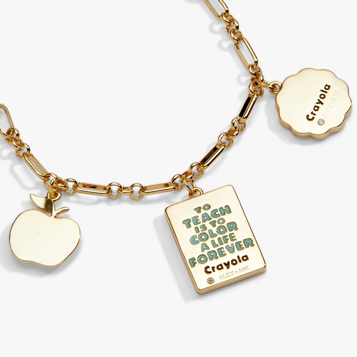 Gold chain bracelet with teaching quote charm and apple charm