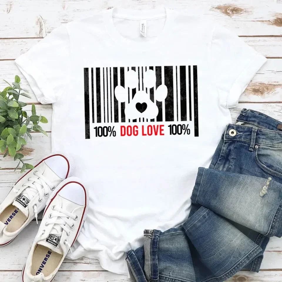 White T-shirt with black barcode dog paw heart graphic, “100% DOG LOVE 100%”