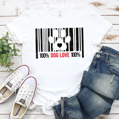 White T-shirt with black barcode dog paw heart graphic, “100% DOG LOVE 100%”