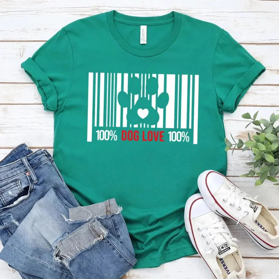 Green T-shirt with white barcode dog paw heart graphic, “100% DOG LOVE 100%”