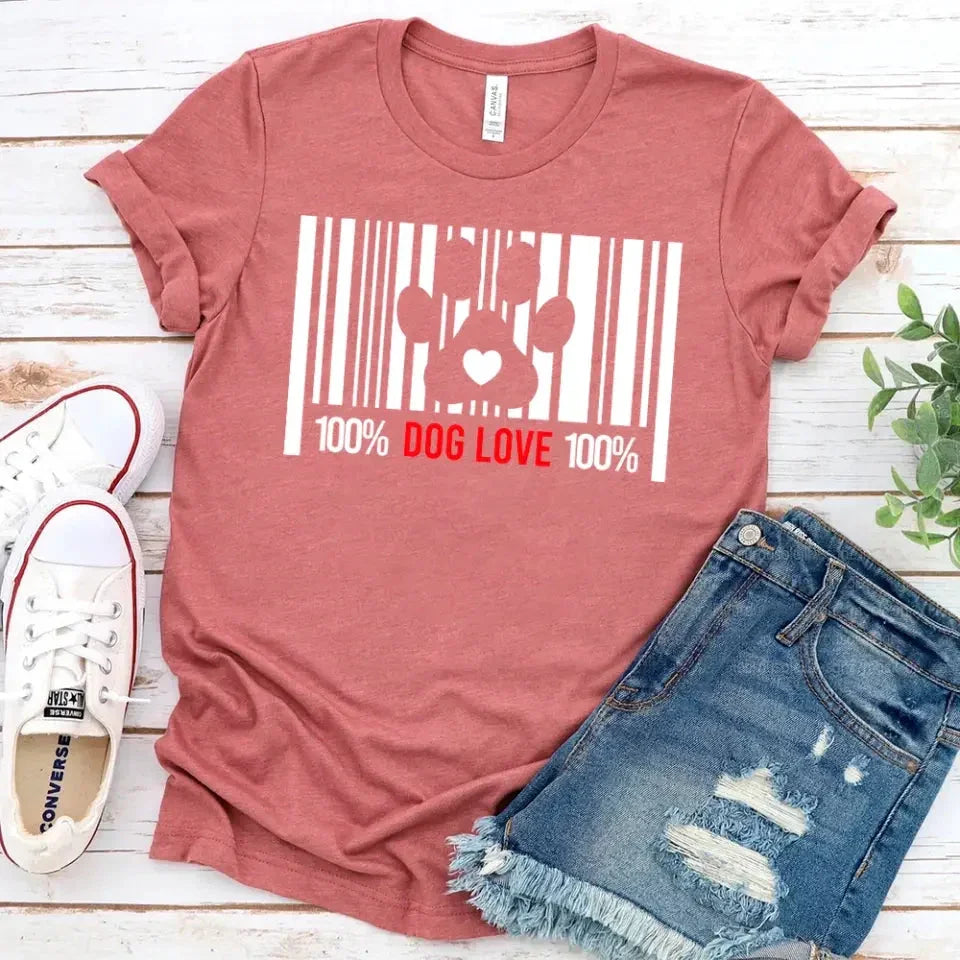 Rust pink pet lover t-shirt with white barcode dog paw graphic and '100% DOG LOVE' text