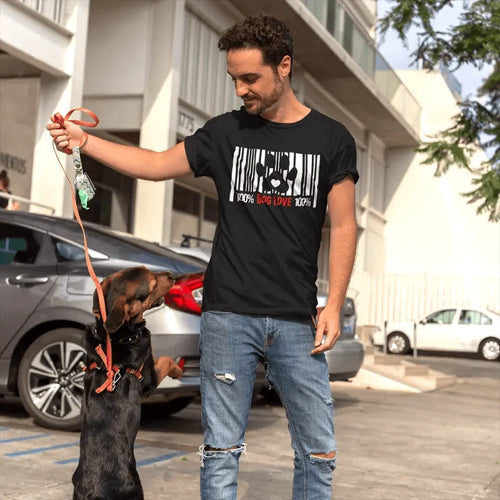 Black T-shirt with barcode dog paw heart graphic and “100% DOG LOVE 100%”