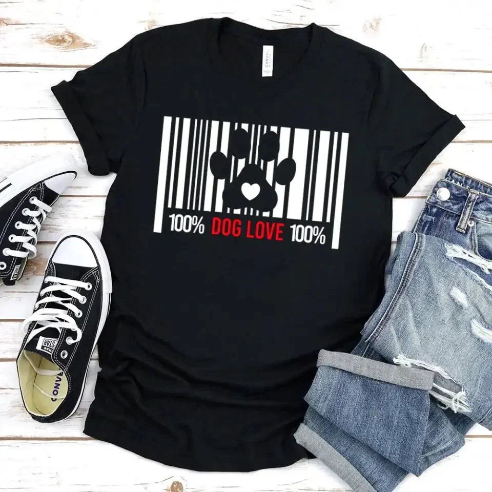 Black T-shirt with barcode dog paw heart graphic and “100% DOG LOVE 100%”