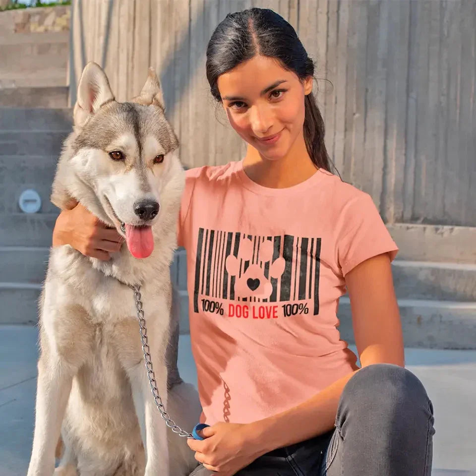 Peach T-shirt with black barcode dog paw heart graphic, “100% DOG LOVE 100%”