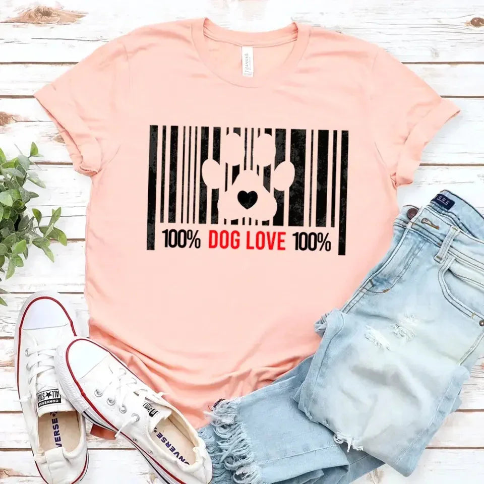 Light pink T-shirt with black barcode dog paw heart graphic, “100% DOG LOVE 100%”