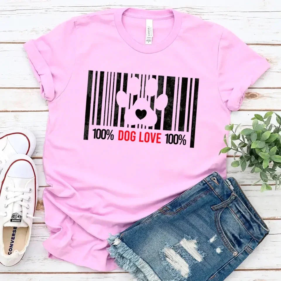 Pink T-shirt with black barcode dog paw heart graphic and “100% DOG LOVE 100%”