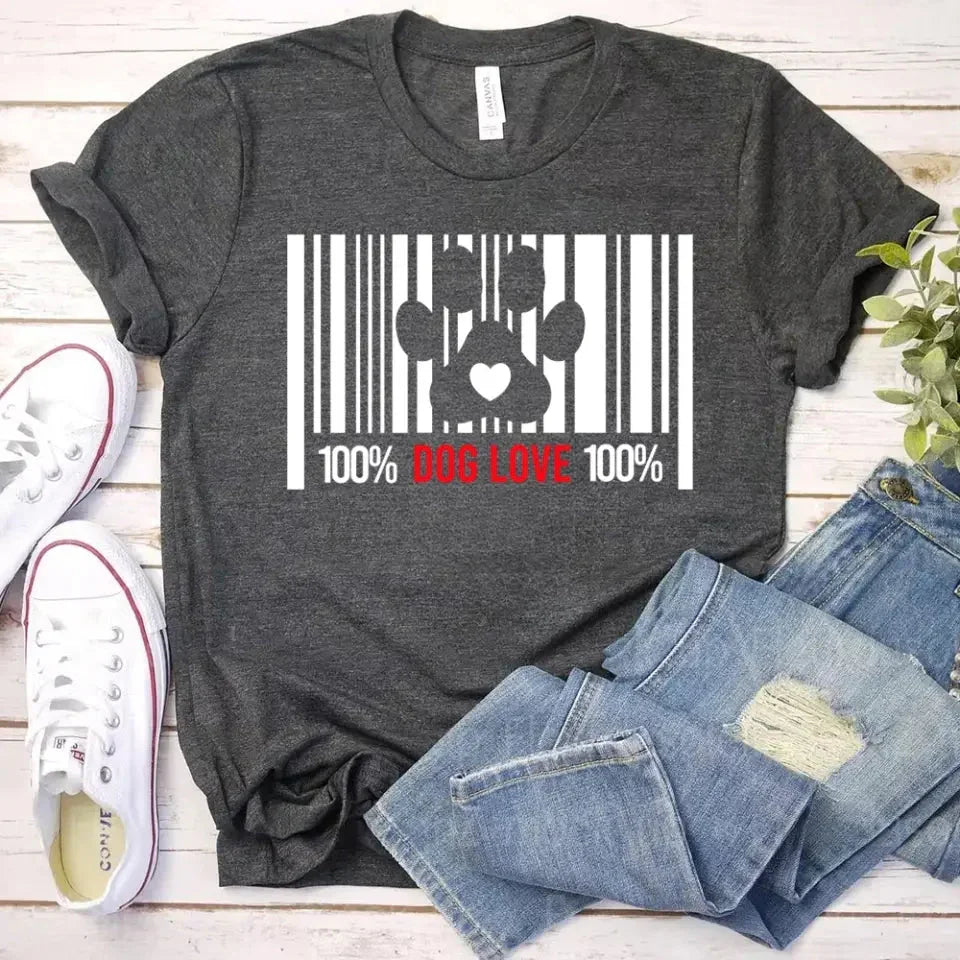 Dark gray T-shirt with black barcode dog paw heart graphic, “100% DOG LOVE 100%”