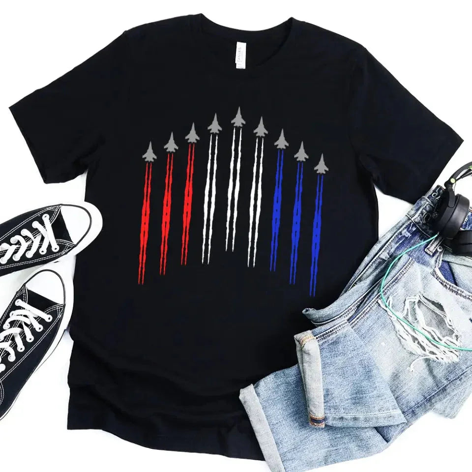 Black adult T-shirt with patriotic rocket stripe graphic