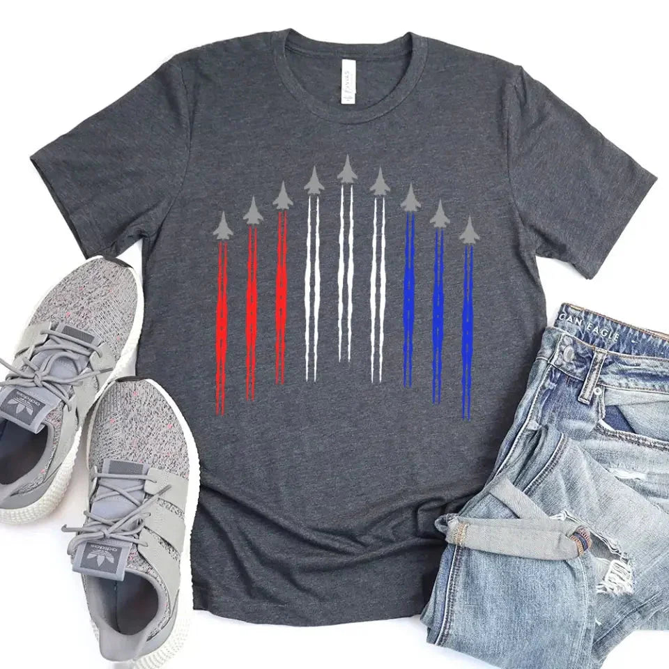 Dark grey adult T-shirt with patriotic rocket stripe graphic