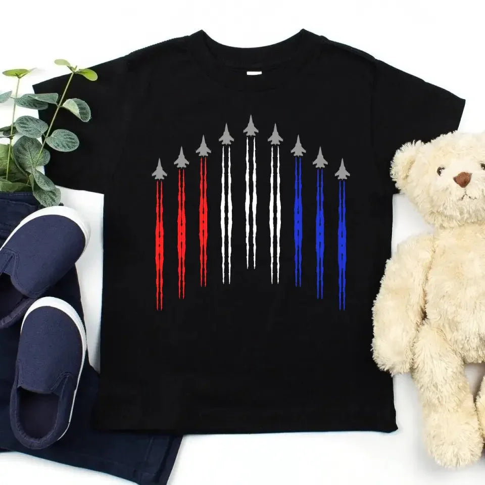 Black crewneck T-shirt with multi-color vertical stripe graphic and pointed tops