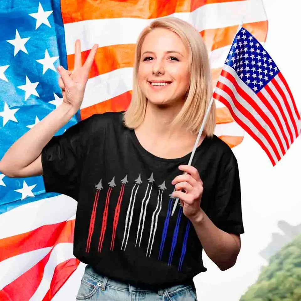 Black crewneck T-shirt with red, white, and blue vertical stripe graphic