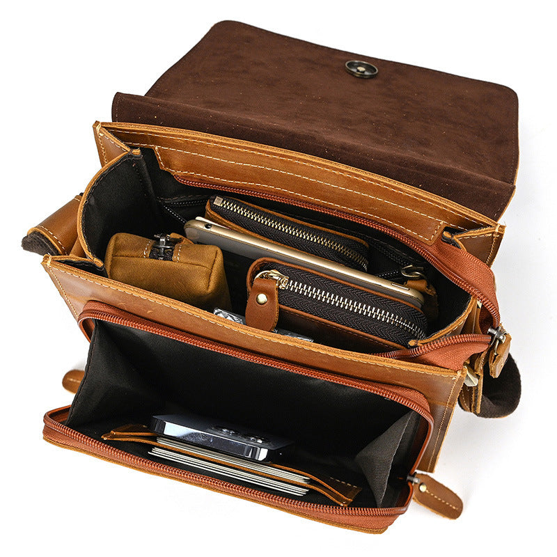 First Layer Cowhide Flip Shoulder Bag For Men Crazy Horse Leather Crossbody A4 Size Nylon Lining