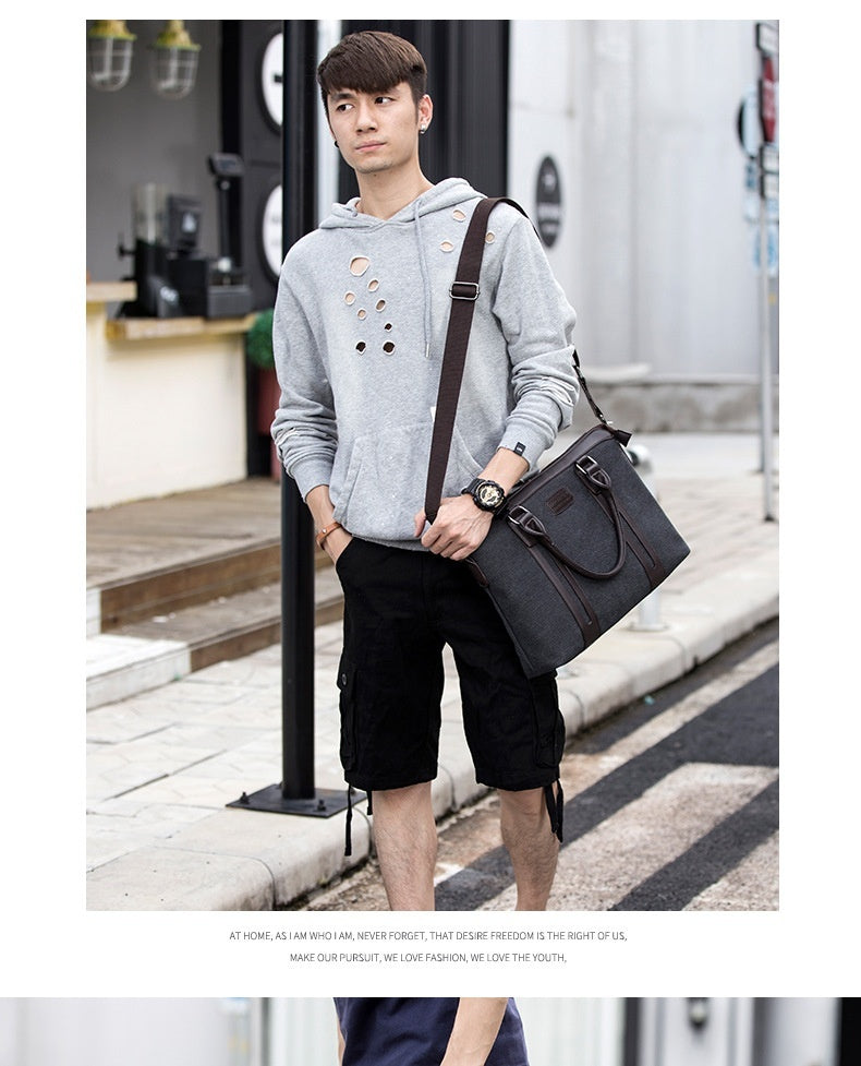 Canvas Shoulder Messenger Bag For Men Black Business Briefcase With Soft Handle And Polyester Lining