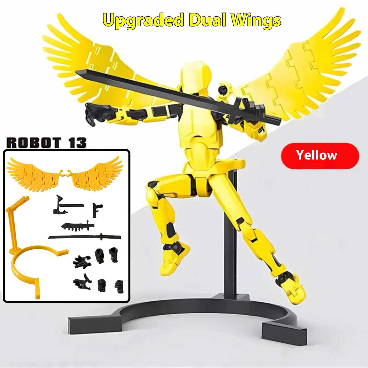 Yellow 3D printed robot action figure with upgraded dual wings on a black base stand
