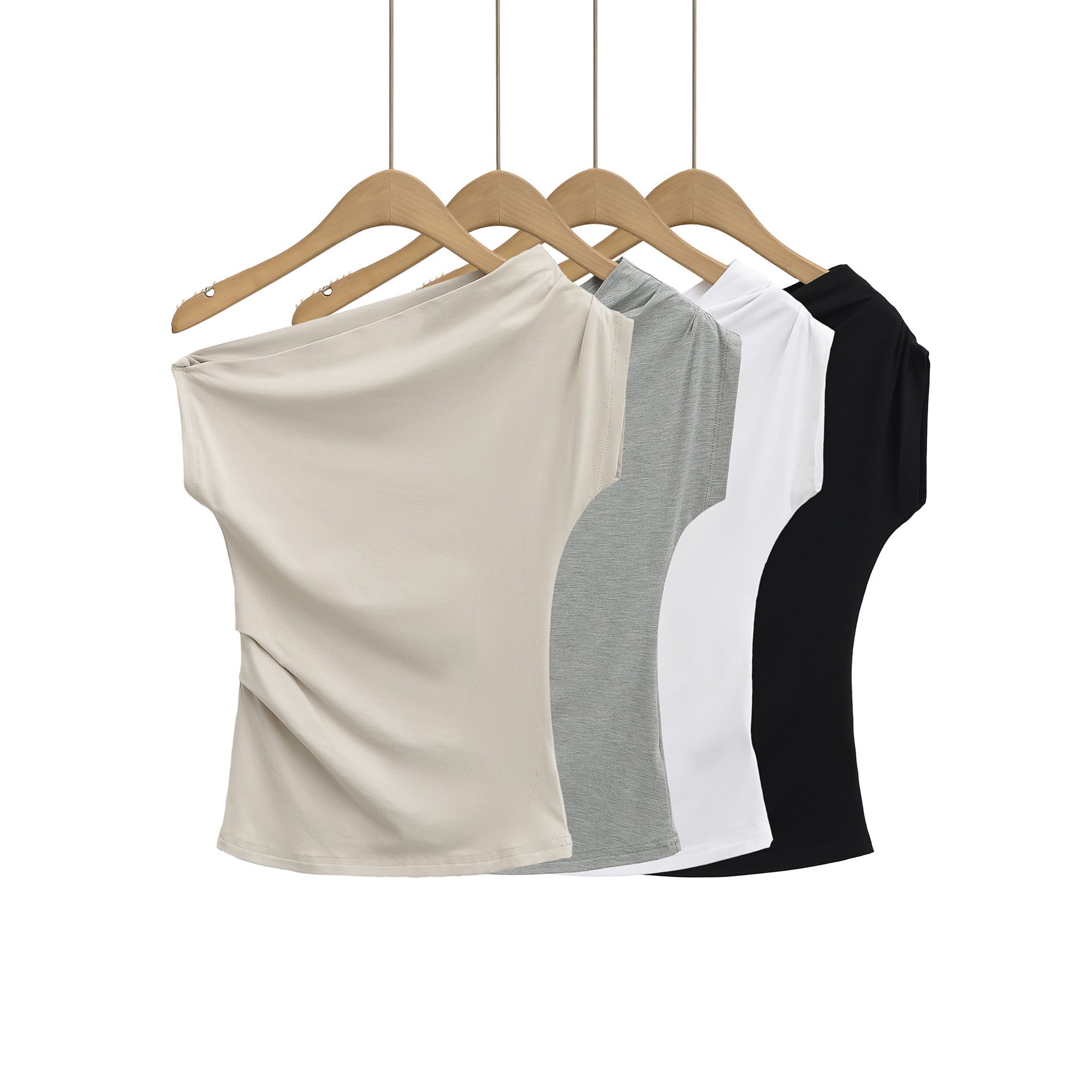 Summer New One-shoulder Cold-shoulder Pleated Slim-fit Short Sleeve