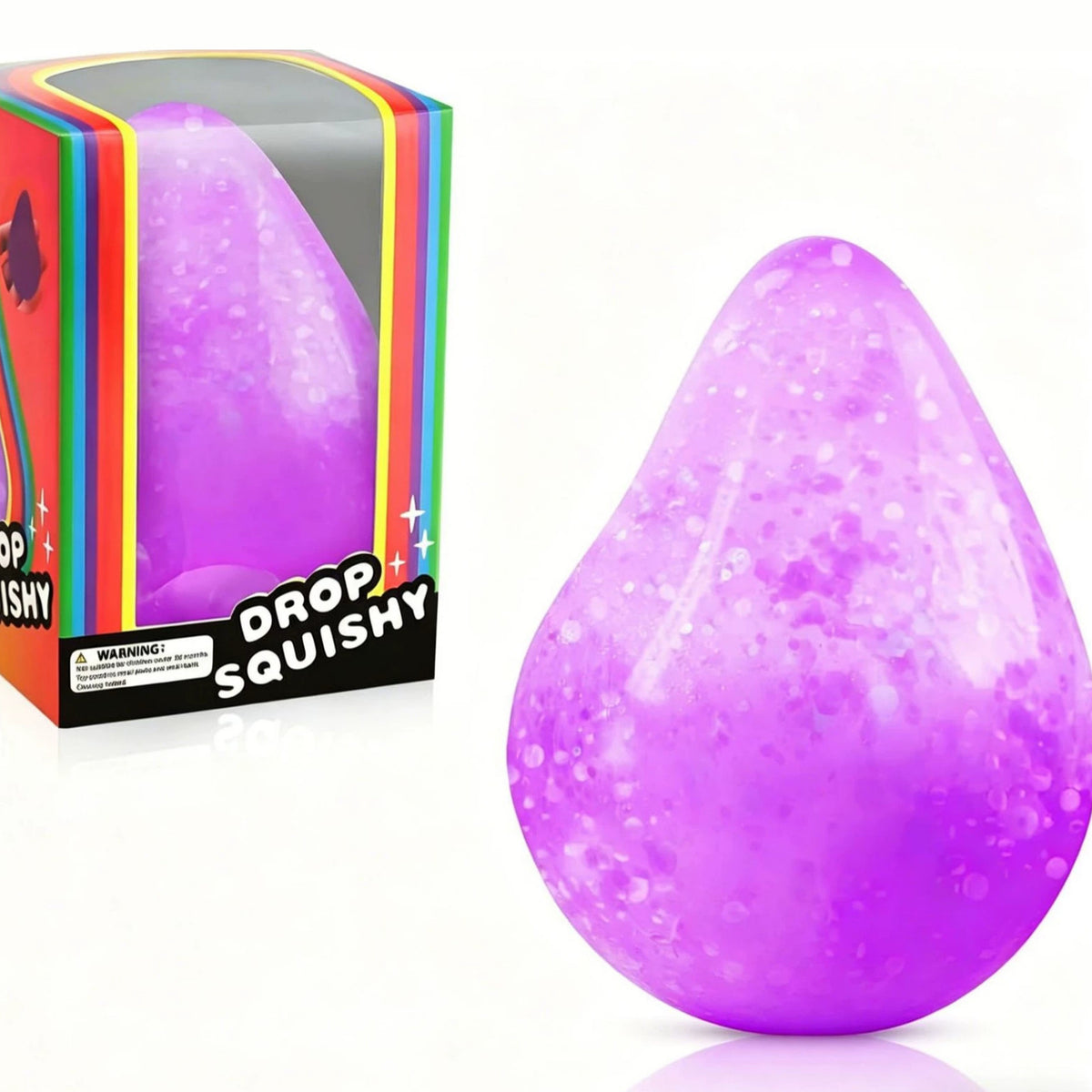 Purple textured squishy drop stress toy with boxed packaging