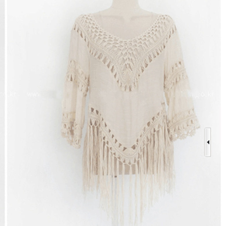 Women Half Sleeve Crochet Patchwork Knit Tassel Overskirt Beach Cover Up for Swimming and Wading