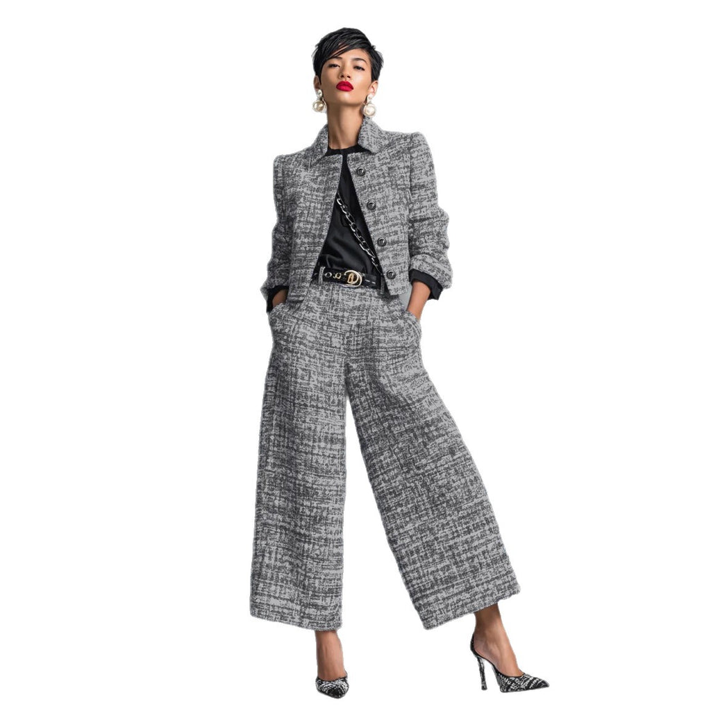 Women's silver-gray textured notched-lapel jacket and wide-leg pants set