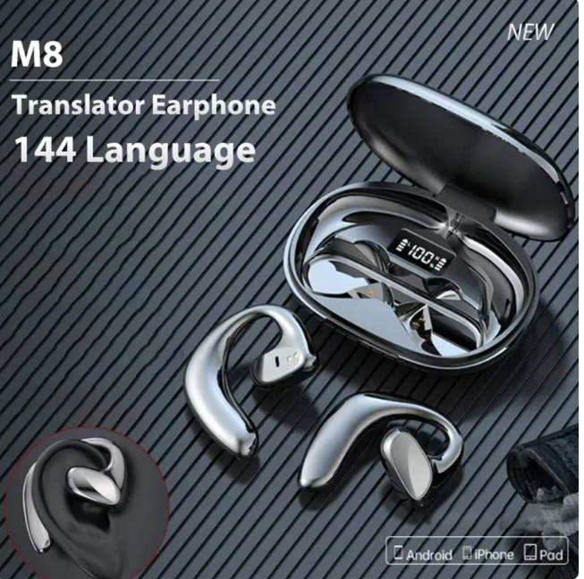 Black translation earbuds with charging case and stem mic-style design