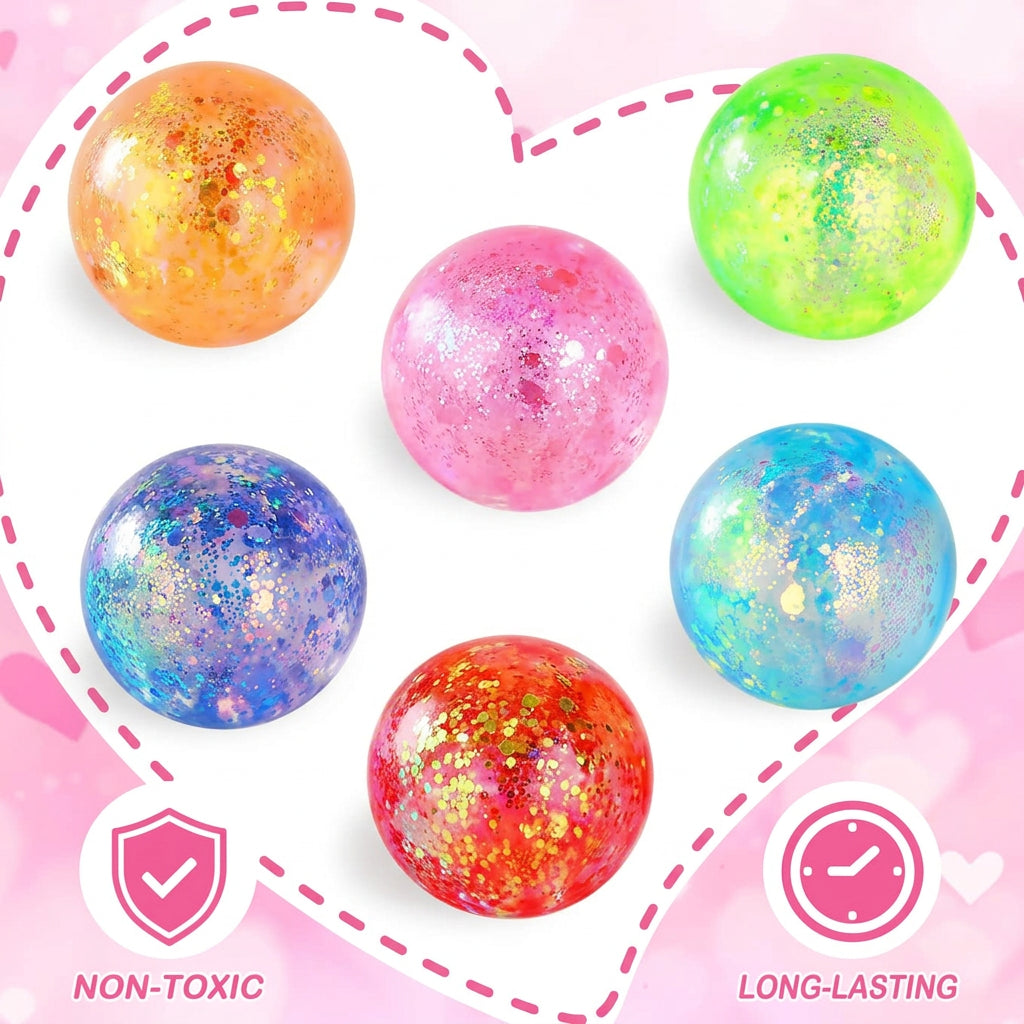 Set of multicolor glitter squeeze stress ball toys, round balls