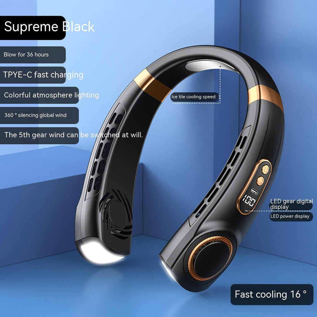 Black hanging neck fan with gold-tone top band and vented cooling airflow openings