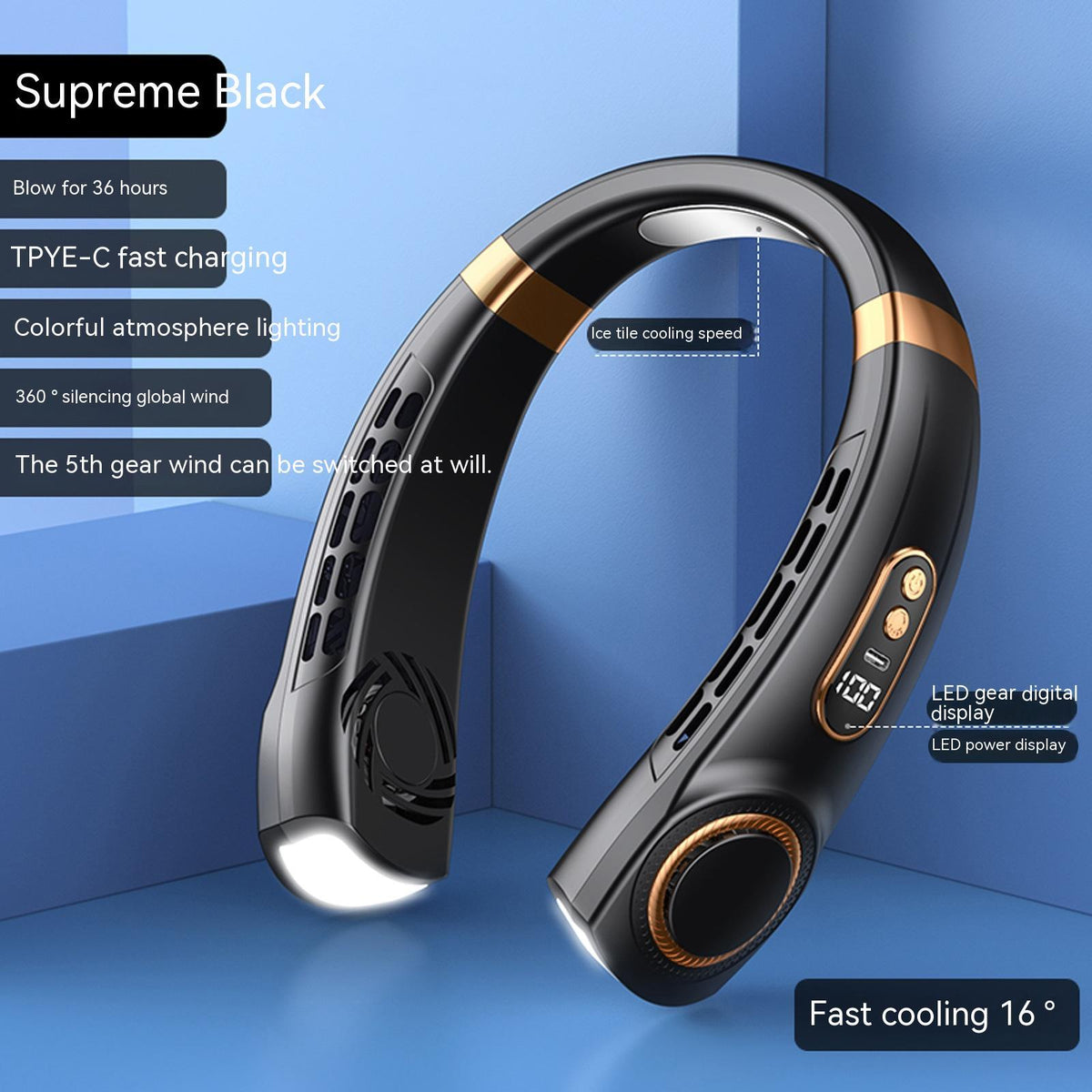 Black hanging neck fan with gold-tone top band and vented cooling airflow openings