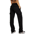 Black cargo pants with loose wide-leg fit and flap cargo pockets at the thighs
