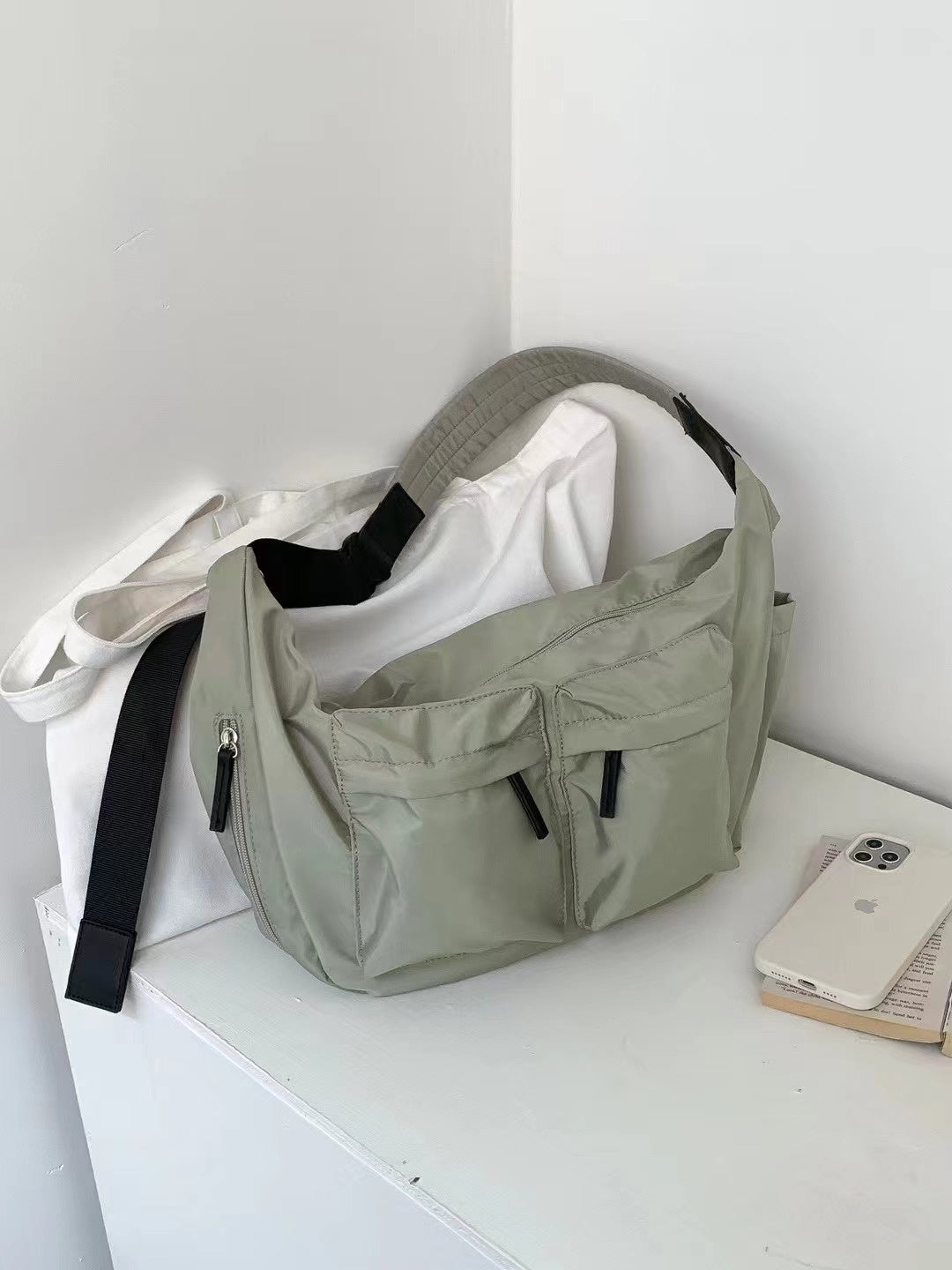 Nylon Crossbody Bag For Everyday Use With Simple Sports Style Unisex Design Available In Green Apricot White Black