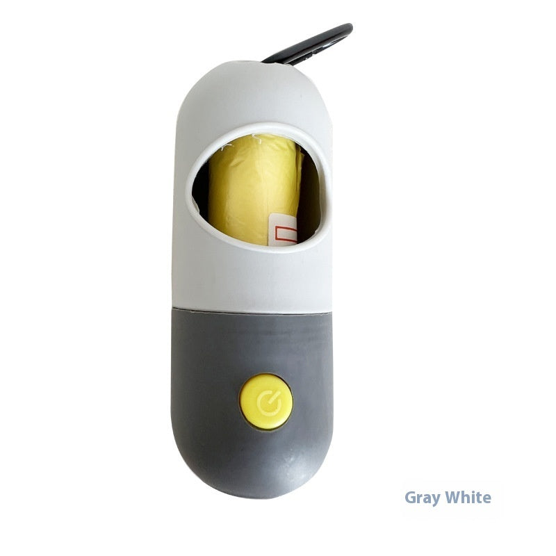 Gray-and-white LED pet waste bag dispenser with carabiner clip, yellow bag roll inside