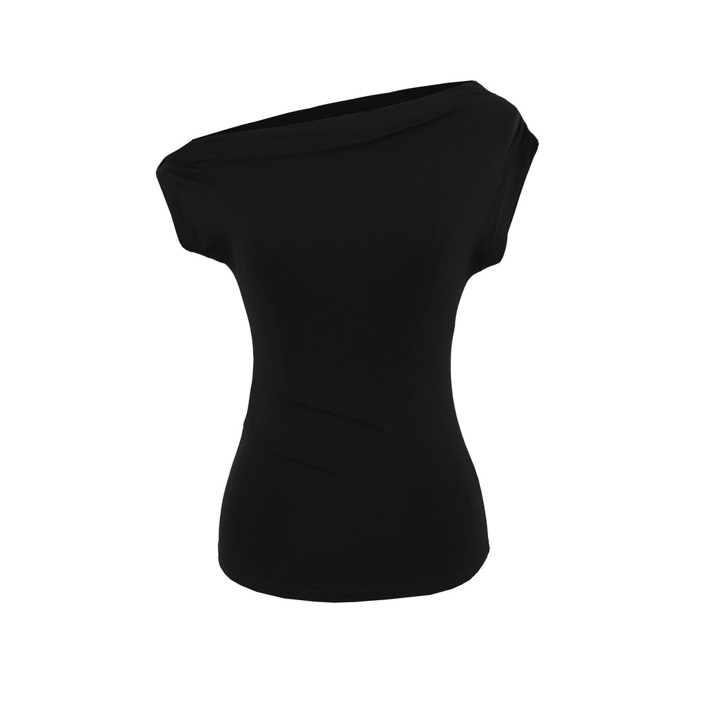 Summer New One-shoulder Cold-shoulder Pleated Slim-fit Short Sleeve
