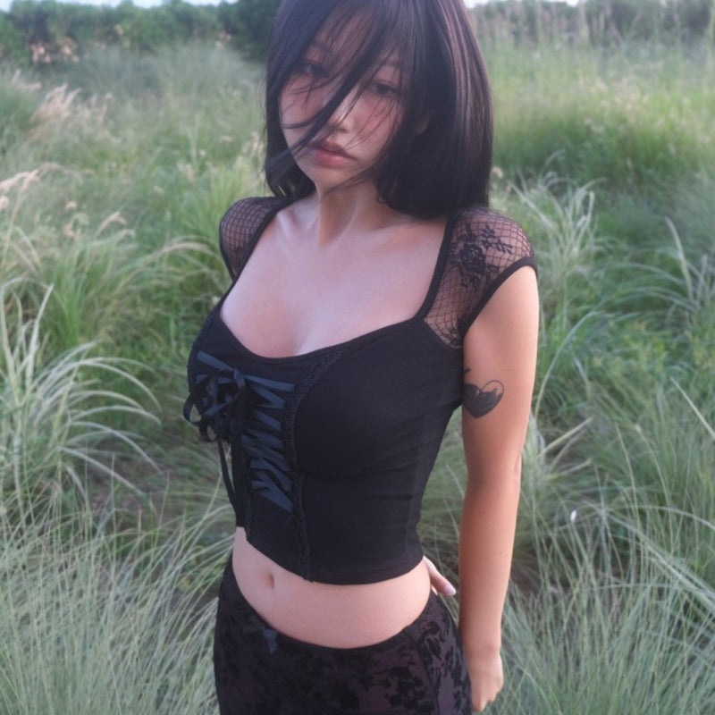 Pure Desire Style Lace Lace Up Short Hot Girl Top T-shirt
