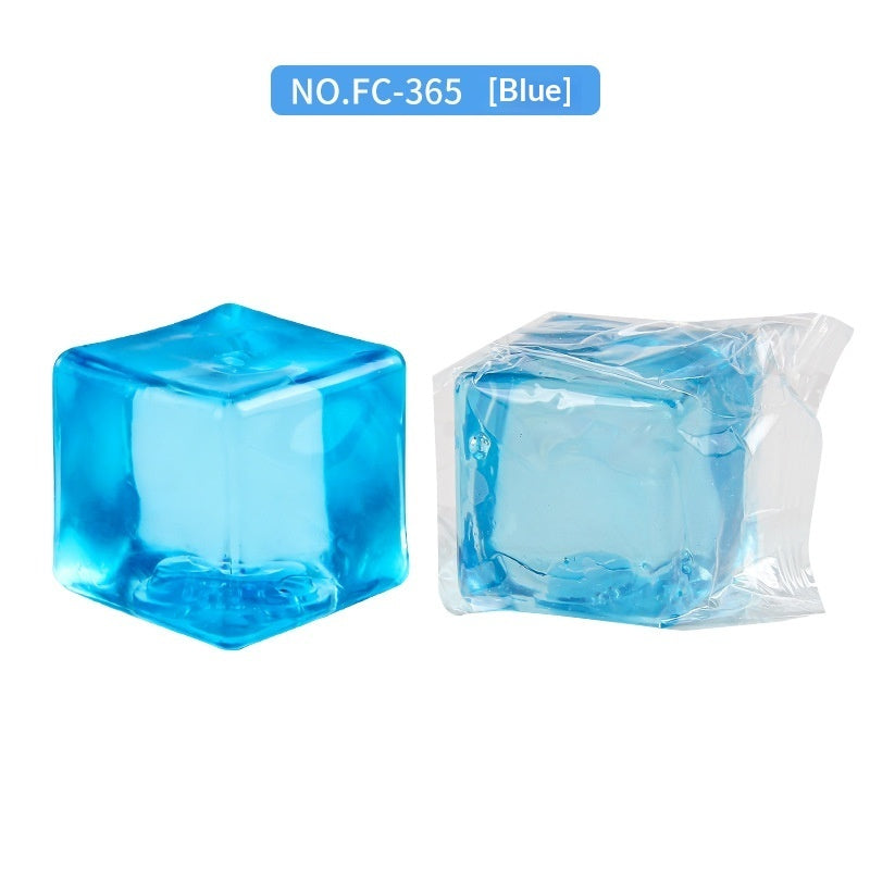 Blue transparent square fidget ball, shown and in clear protective packaging