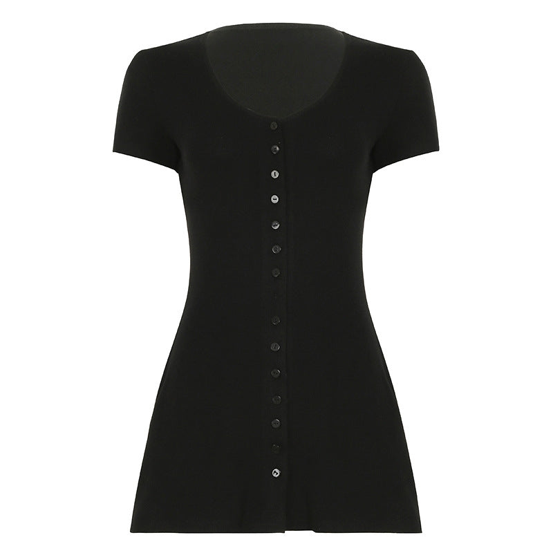 Black short-sleeve mini A-line dress with button front and scoop V-neck
