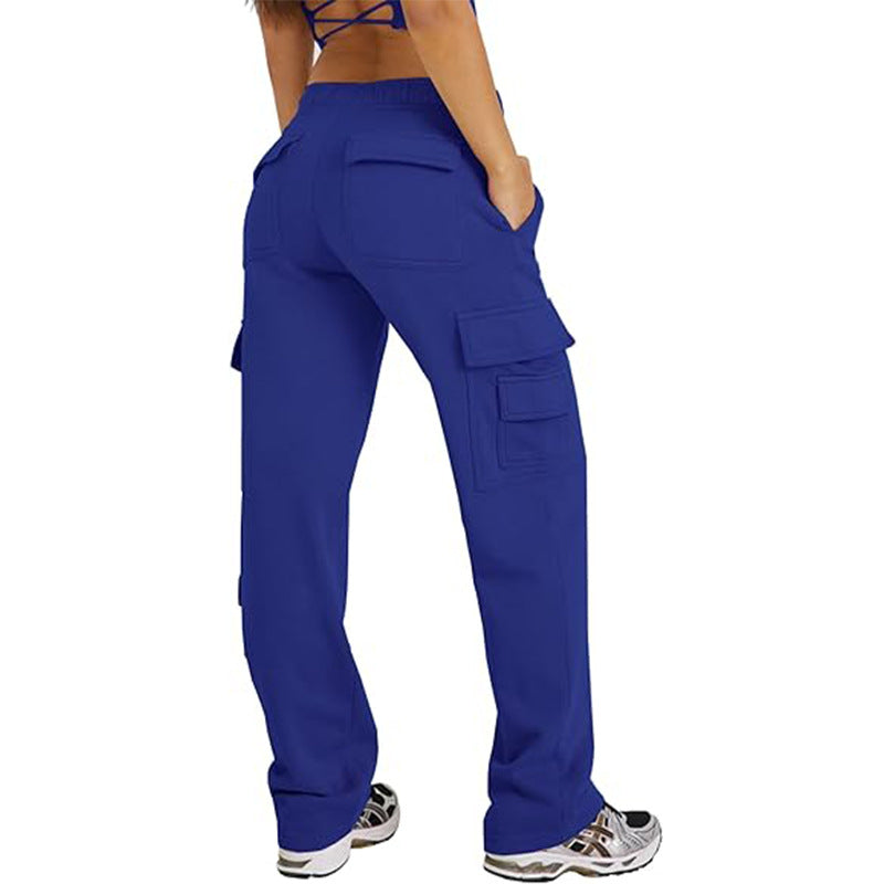 Royal blue cargo pants with loose wide legs and thigh flap cargo pockets
